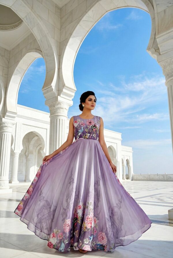 Lavender Crepe Floral Hand Embroidered Long Dress