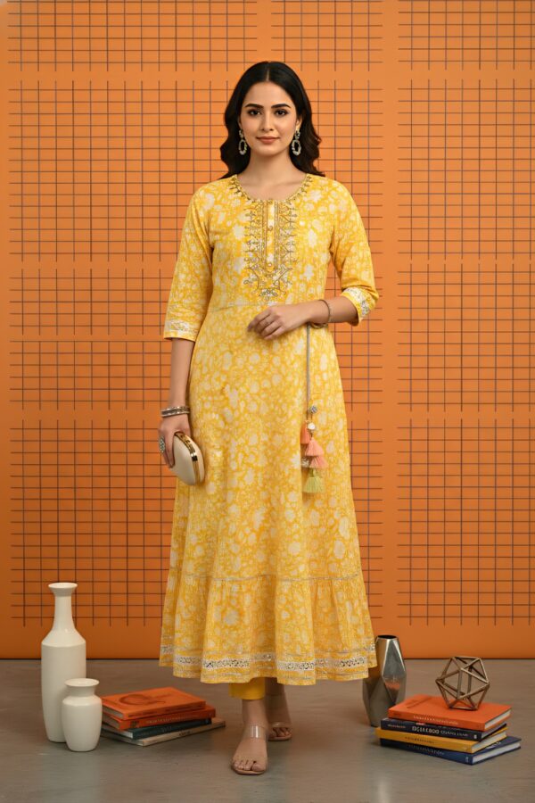 Yellow Cotton Sequins And Floral Printed Dress