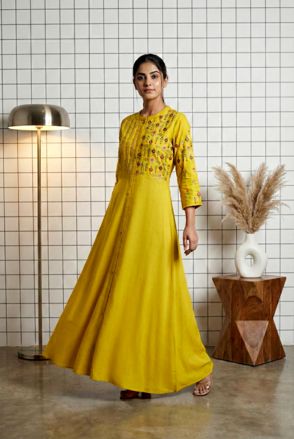 Mustard Rayon Floral Thread Embroidery Long Dress