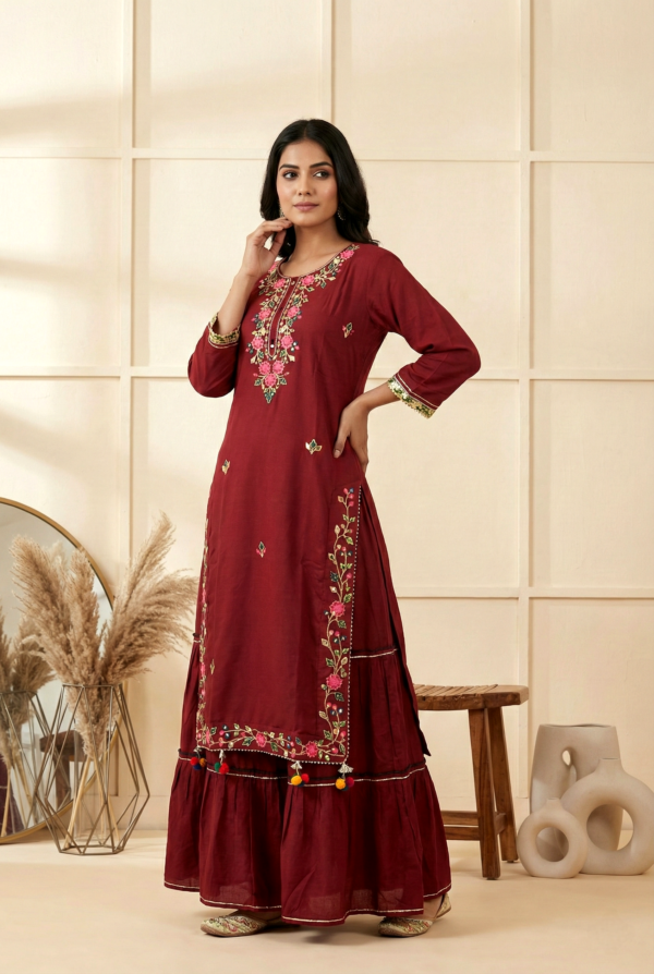 Maroon Georgette Floral And Mirror Embroidery Dress