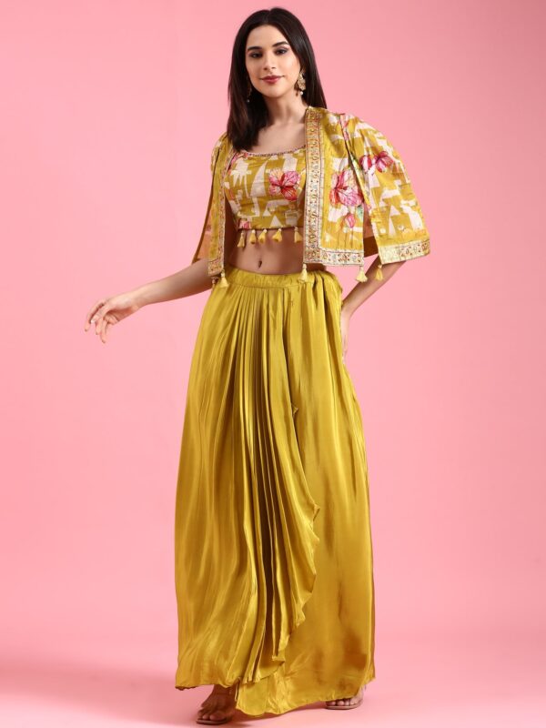 Yellow Organza Printed Jacket With Draped Skirt