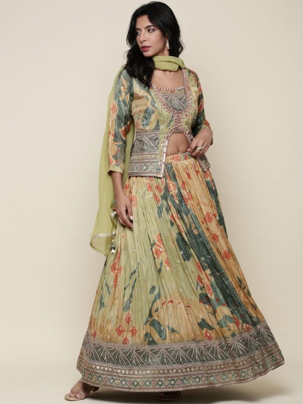 Green tissue embroidered jacket ghagra set
